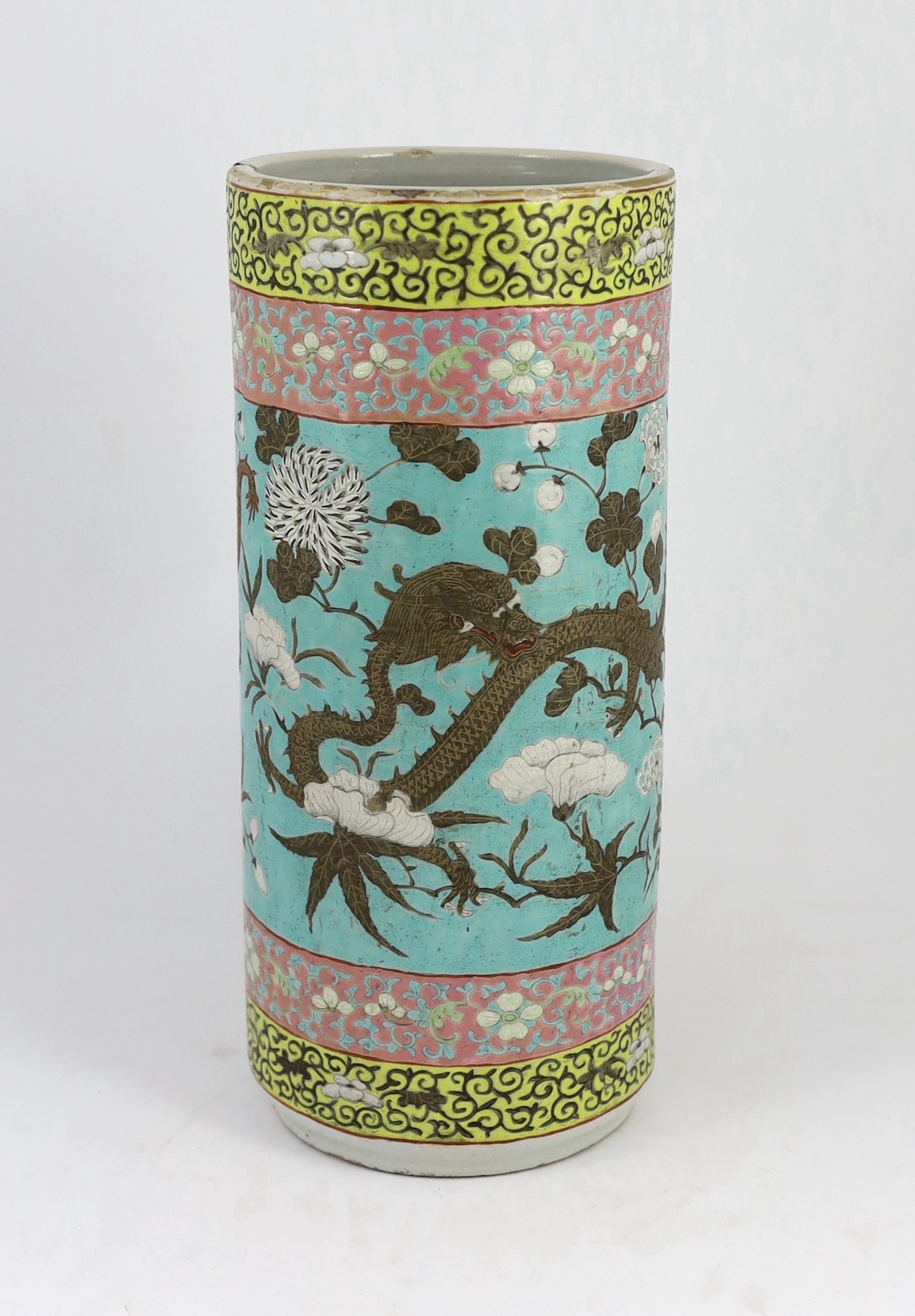 A Chinese enamelled porcelain ‘dragon’ cylindrical vase, late 19th century, 35.5cm high, rim splinter chips